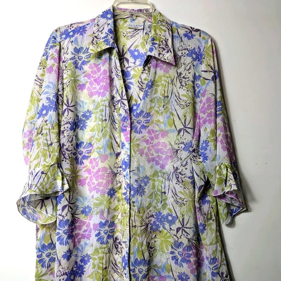 2x Blouse Purple Blue Floral Deep V Neck Collar 3/4 Sleeve Button Up Box 2